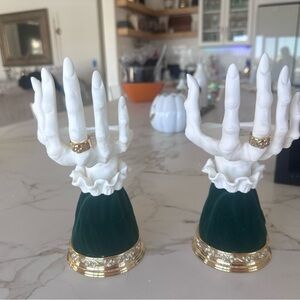 One White Skeleton Hand Candle Holder with Gold Accents. Bath & Body works.